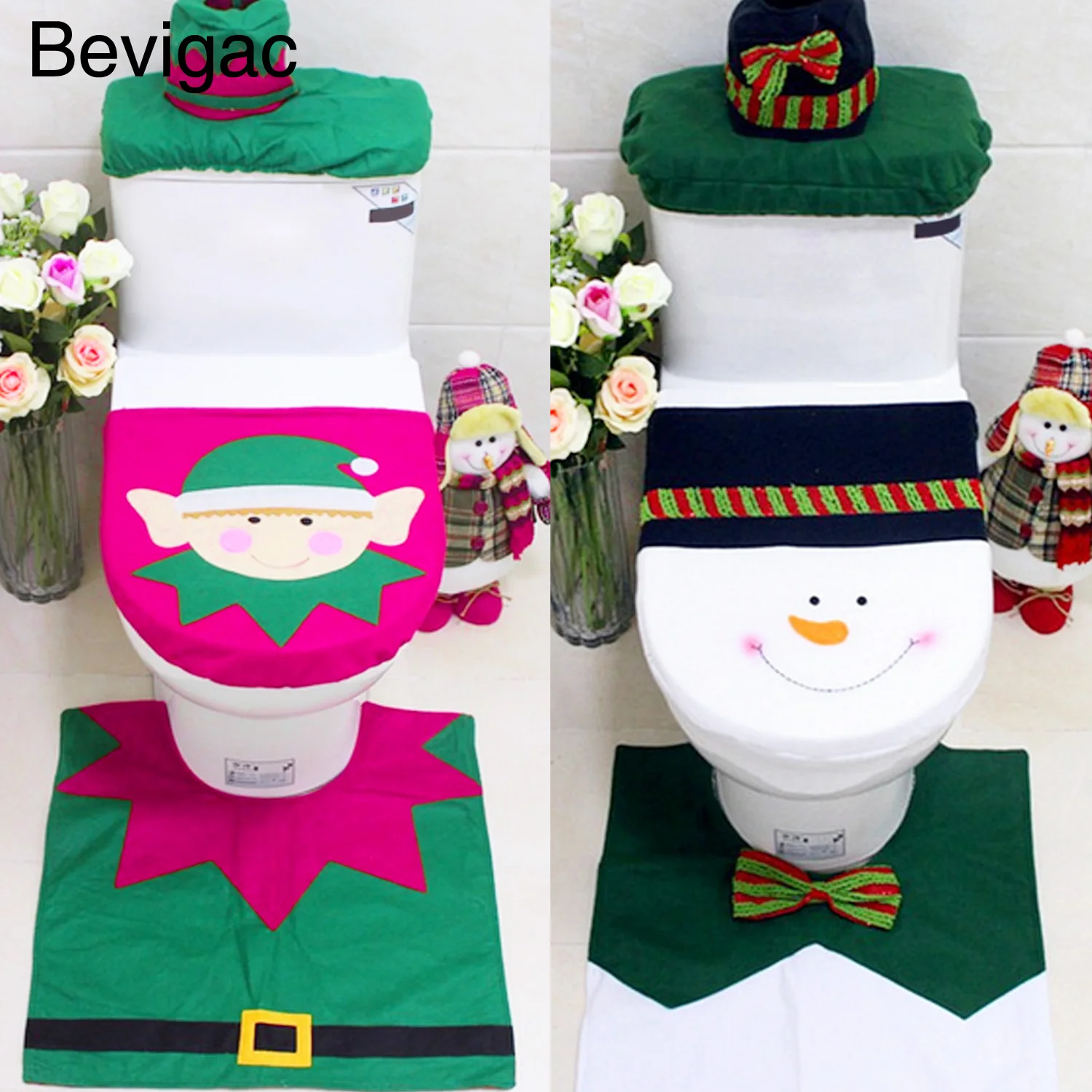 

Bevigac3 PCS Merry Christmas Decorations Happy Santa Rug Tank Cover Bathroom Set Christmas Decor Accessories