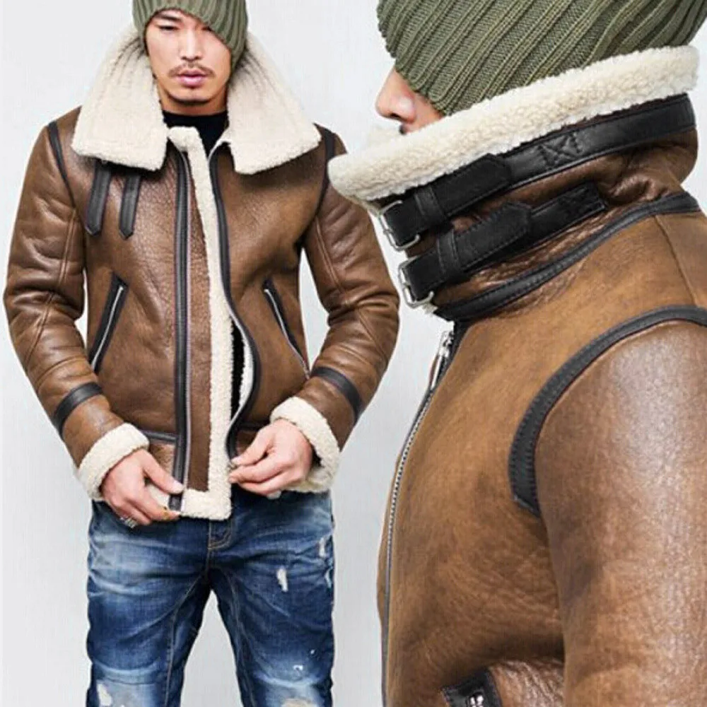 Feitong, Осень-зима, мужская куртка из искусственной кожи, толстая, с высоким воротом, теплая, с меховой подкладкой, с отворотом, на молнии, верхняя одежда, пальто, deri mon erkek