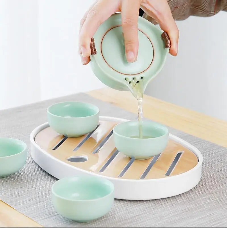 Китайский керамический из чаочжоу чайный набор простой маленький, ручной, для путешествий чайник поднос для хранения воды набор кунг-фу Чайные Аксессуары чайный набор
