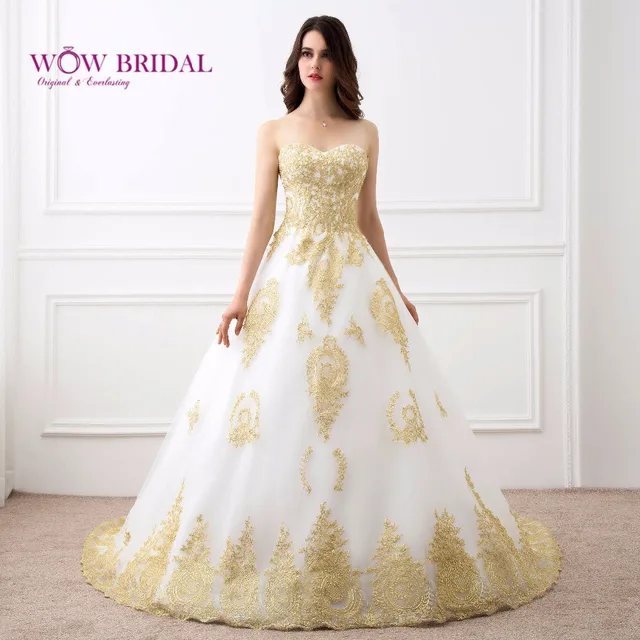 wowbridal una línea de vestido de novia bordado de oro blanco con