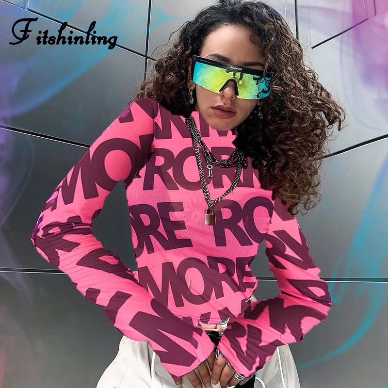 

Fitshinling 2019 Autumn Mesh Female T-Shirt Long Sleeve Letter Print Turtlenecks Women's T-shirts Crop Top Pink Street Tee Shirt