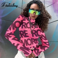Fitshinling 2019 Autumn Mesh Female T-Shirt Long Sleeve Letter Print Turtlenecks Women's T-shirts Crop Top Pink Street Tee Shirt Fitshinling 2019 Autumn Mesh Female T-Shirt Long Sleeve Letter Print Turtlenecks Women's T-shirts Crop Top Pink Street Tee Shirt