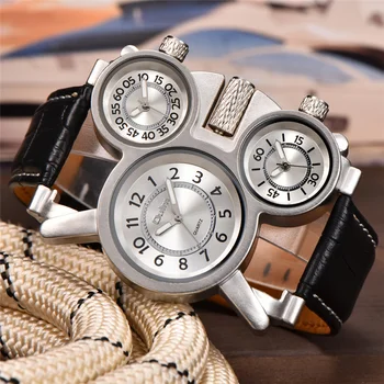 

Oulm Sport Men's Watches 3 Time Zone Luxury Brand Casual Leather Wristwatch Male Quartz Clock Personalized Man Hours reloj