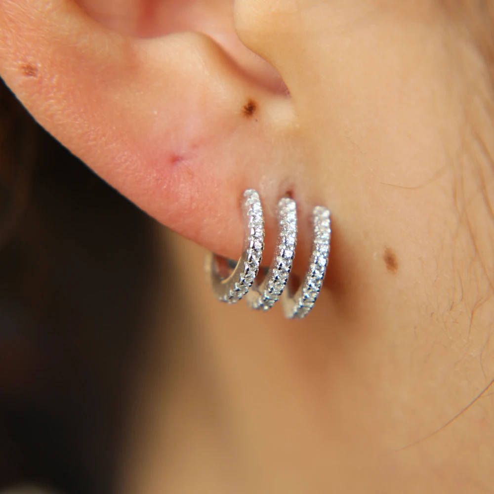 

NEW design shiny 3 rows stud earrings Austrian Cubic Zirconia luxury cirlce earrings real 925 sterling silver gril studs jewelry