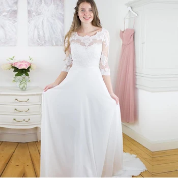 

White Ivory Long Sleeves Wedding Dress 2020 Lace Appliques Wedding Gowns Chiffon Bridal Dresses with Train vestido de noiva
