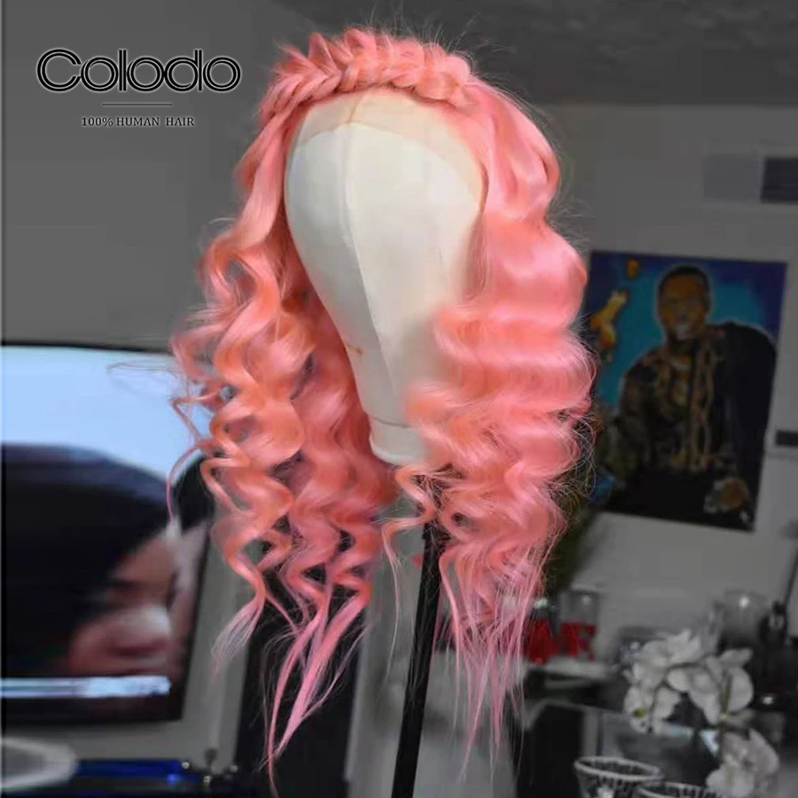 Цвет: розовый, Remy, бразильский парик с глубоким волнистым кружевом спереди, предварительно сорванный, Детские волосы, синие волосы на