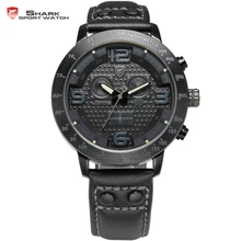 Aleta larga shark sport reloj de los hombres relojes de acero completo negro cronógrafo analógico banda de cuero genuino escalada cuarzo reloj de regalos/sh401