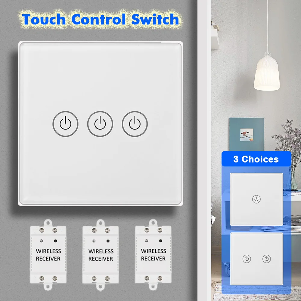

30m RF Bridge Touch Control Wireless Smart Light Switch+Receiver 1/2/3 Gang for Household Appliances Unlimited Connections