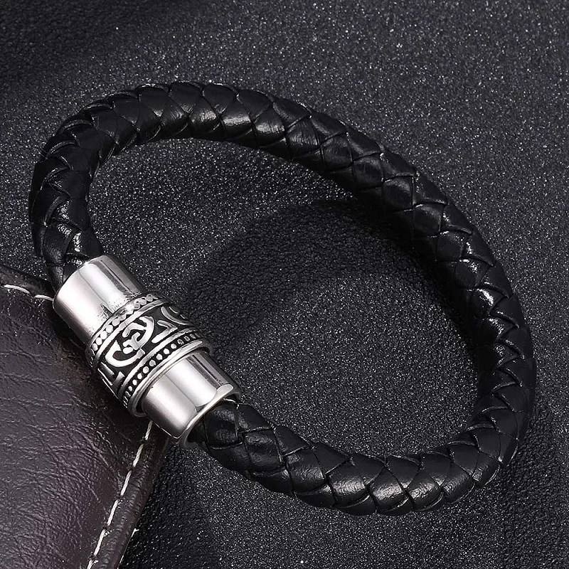 

Classic Simple 8mm Black Leather Bracelet Men Jewelry Charm Fashion Bracelets Stainless Steel Magnetic Clasp Bangles Gift ST738