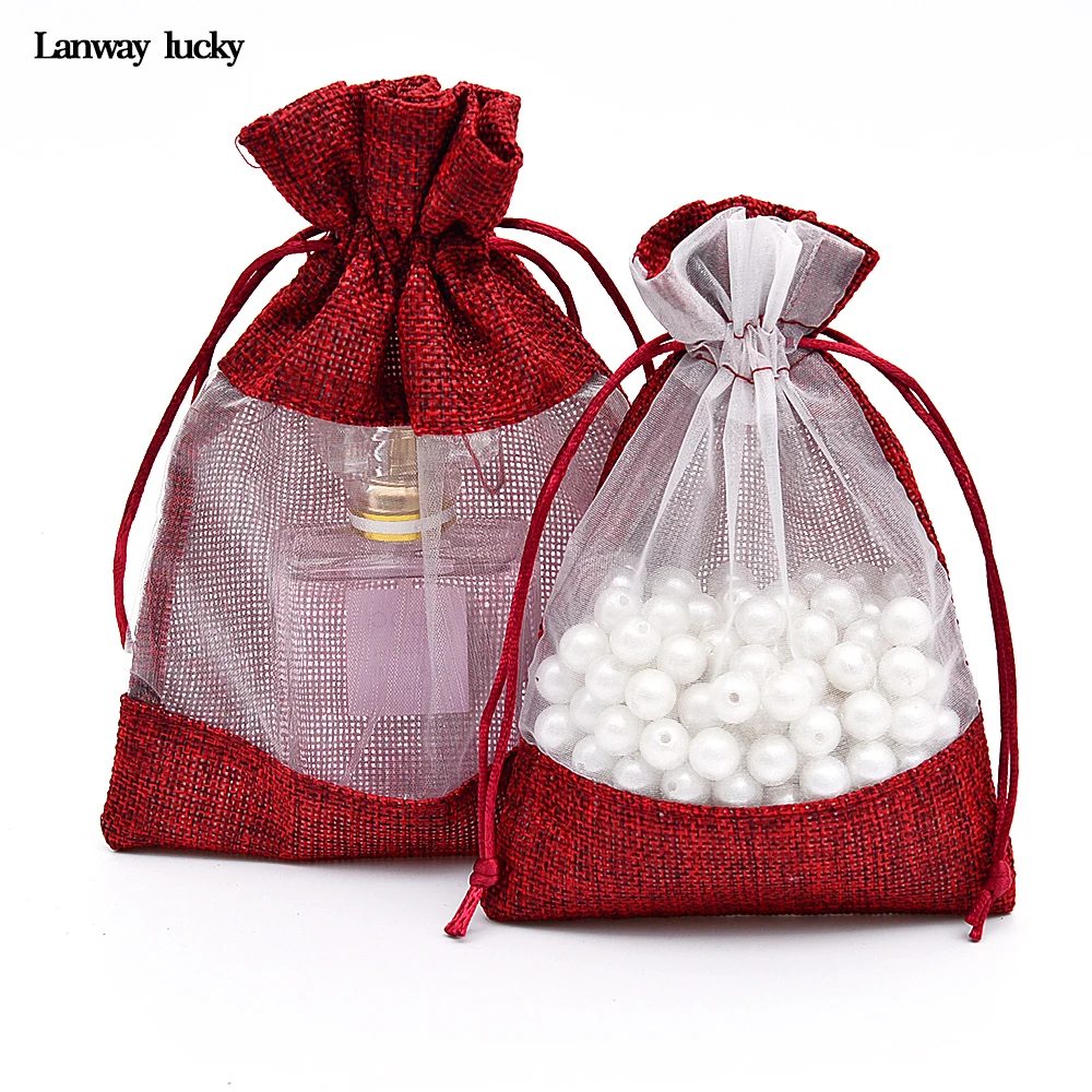 

3.9"x5.9" 5"x7" Wine Red Jute Burlap Drawstring Bag with Organza Jewelry Packaging Pouch Wedding Favor Jute Gift Bags 200pcs