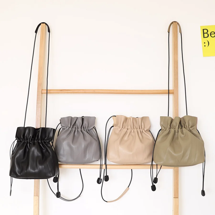 

Fashion High Quality Candy Small Bucket Bags Women Simple Black Solid Shoulder Bag Woman Daily Travel Casual PU Leather Bags