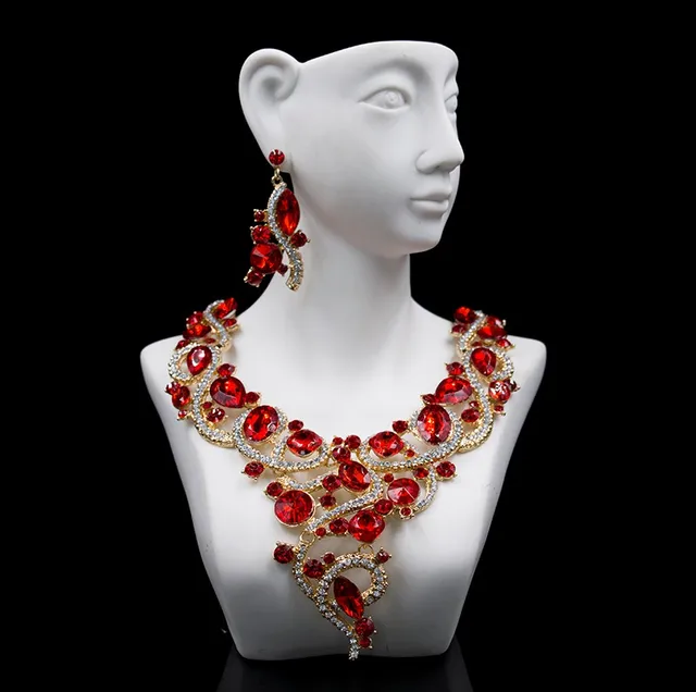 Red Crystal Bib Jewelry Set With Earrings