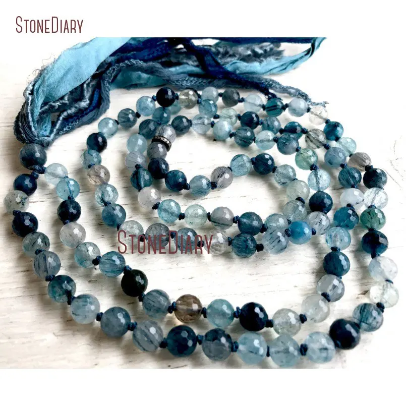 20180313-NM11090-Blue Rutilated Quartz Mala Beads, Rare Natural Gemstone, Silk Sari Tassel, Pave Diamond, Throat Chakra Tassel Necklace, December Birthstone_2