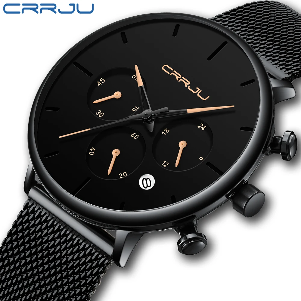 Мужские часы Relogio Masculino CRRJU, мужские деловые часы, роскошные повседневные водонепроницаемые спортивные часы, мужские кварцевые часы с 3 циферблатами, тонкие сетчатые часы