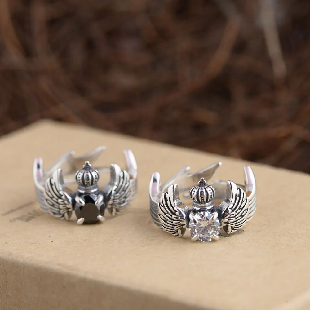 

925 Silver Crown Ring Black White Cubic Zircon 100% Real S925 Sterling Thai Silver Rings for Women Jewelry Adjustable Size