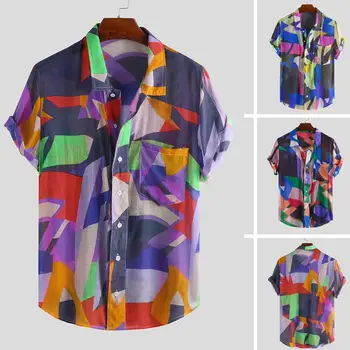 

2019 Men's Shirt Hawwaii Geomatic Patchwork Hit Color Printed Turn Down Color Short Sleeve Casual Shirts рубашка мужская