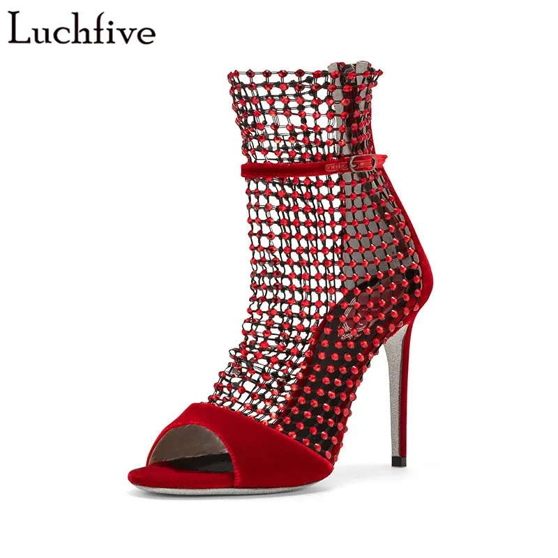 

Luchfive Velvet Crystal Beads Net Sandals Women 2019 New Peep Toe 10cm High Heels Runway Summer Shoes Women Chaussures Femme Red