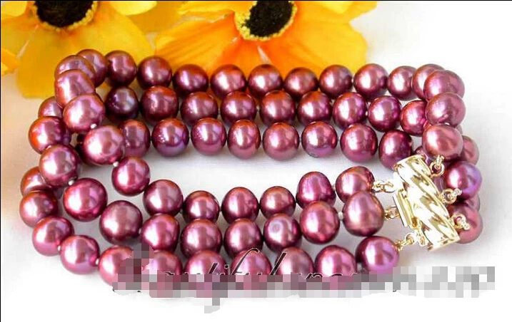 

Free shipping Z2859 REAL 3row 8" 9mm purple round freshwater pearl bracelet @^Noble style Natural Fine jewe