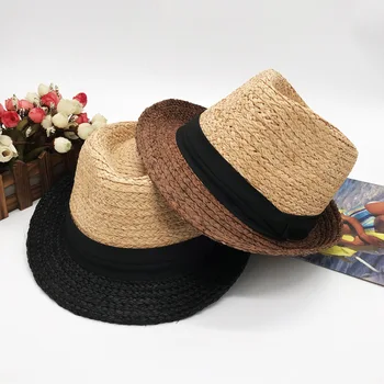 

202004-FCM9 summer natural raffia color patchwork Paternity fedoras hat men women straw panama jazz cap wholesale
