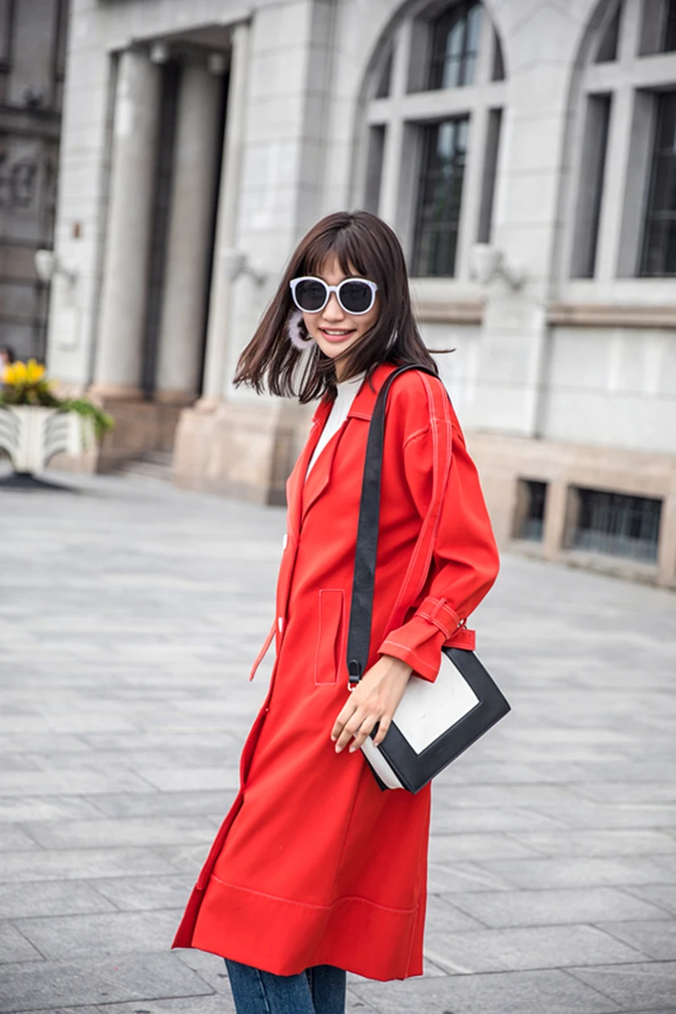 Одноцветное Удлиненные женщин Тренч 2017 уличная Пальто осень красный двубортный