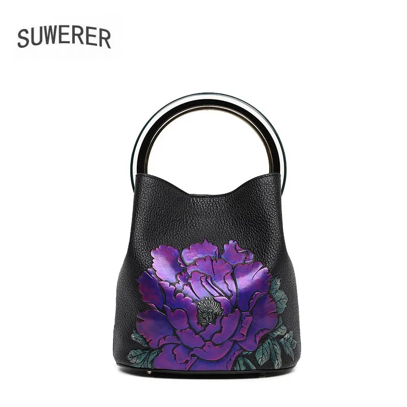 Taschen Eimer Neue Echtem Aus 2019 Leder Flowers Flowers Frauen Blumen Handtaschen blackpurple Suwerer Designer Für Tasche Präge Luxus Kunst Tote Red Zq0xI5w