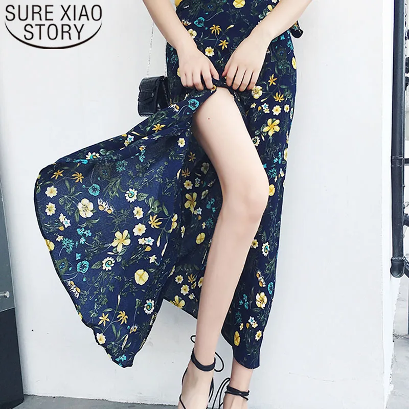 Skirts womens fashion 2019 high waist summer holiday beach women skirt sexy Side split print chiffon skirt women clothes 3041 50