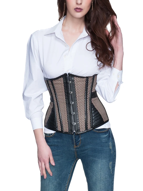 Brown leather underbust corset breathable mesh hole puerperal waist
