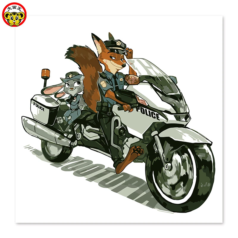 Red fox, motorcycle, police car Crazy animal city DIY digital painting,  drawing on cloth|Paint By Number| - AliExpress
