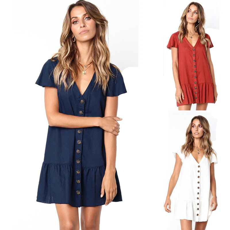 

Pleated Ruffle Female Sundress Women Summer Dress 2019 Sexy V Neck Linen Buttons Short Mini Vestidos A Line Loose Casual Dress