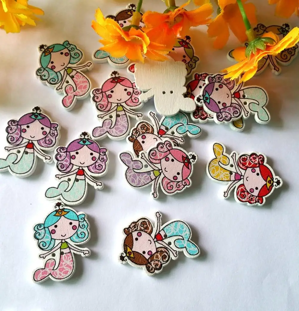 

40pcs/lot Mermaid wooden button 32mm*23mm Multi-color children Handwork Scrapbooking button flatback