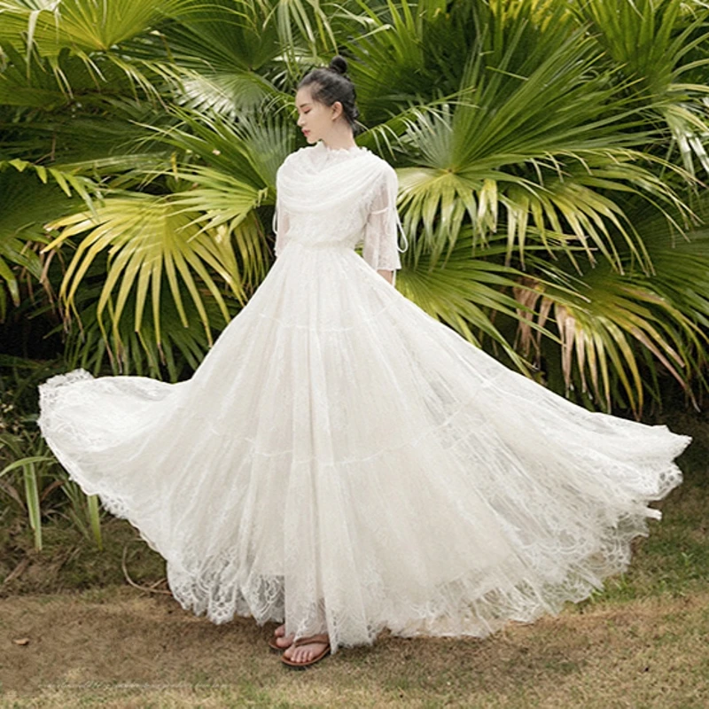 MM189 Original Design 2017 double layer neck large bottom women white long maxi see through vintage french lace dress long-white-lace-dress