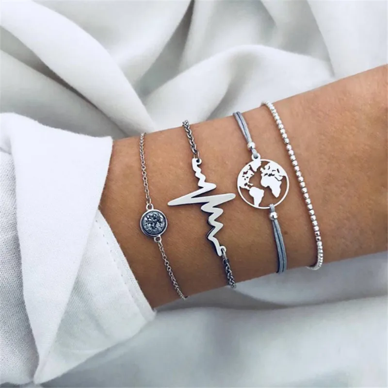 

Bohemian Korean Cute Map Ocean Beaded Bracelet Sets Women 2018 New Handmade Silver Chain Bracelets Jewelry Christmas Gift