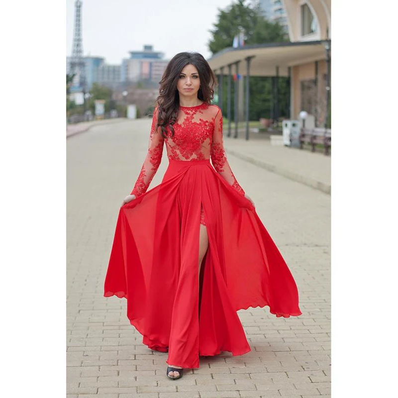 

Hot Sell 2019 Split Red Evening Dresses Elegant Long Sleeves O Neck Floral Print A Line Chiffon Formal Women Plus Size Prom Gown
