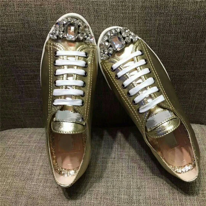 

2018 Genuine Leather casual shoes women Metal Paillette Rhinestone decor paltform flat heel gold silver crystal sneakers ladies