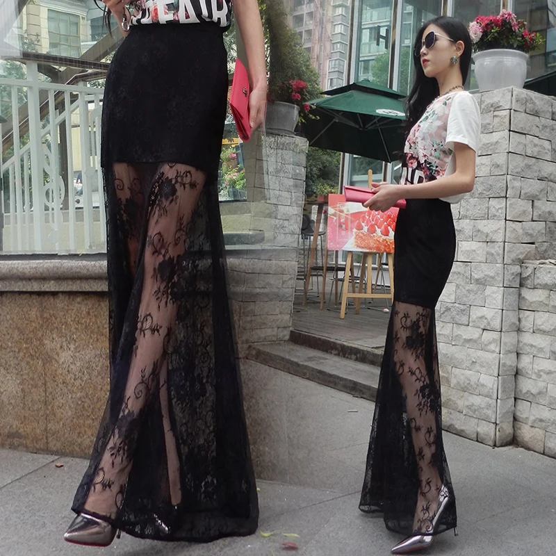 Free Shipping 2019  Fashion Lace Long Maxi Skirt For Women Summer Style Black Ladies Elegant High Waist Skirt Plus Size XS-10XL ultra thin half finger sexy lace gloves for women fishnet gloves long fingerless summer ladies mittens new elegant women gloves