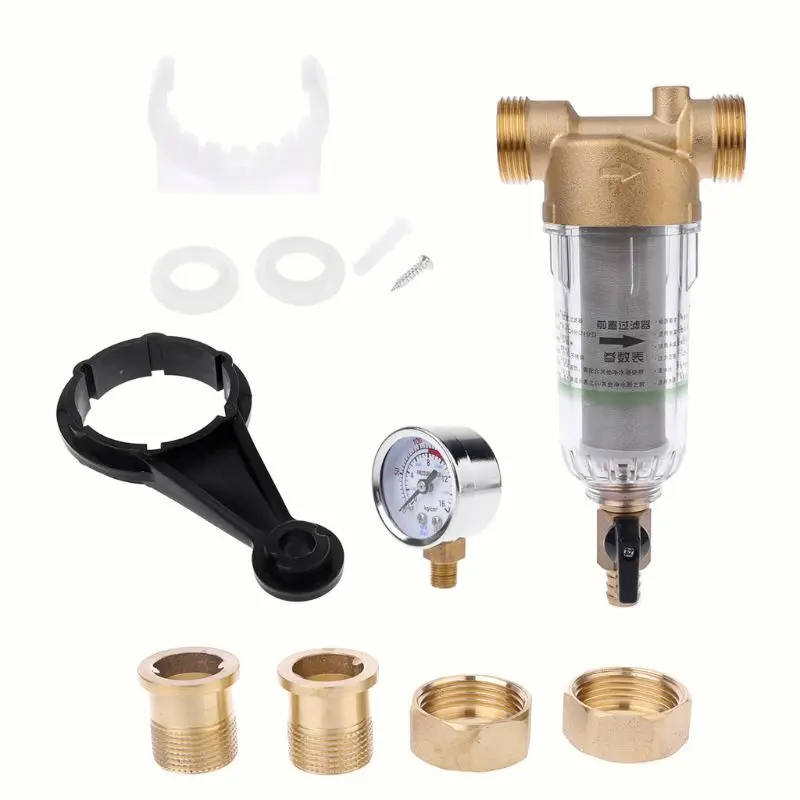 Water Pre Filter System 3/4" 1" Brass Mesh Pre-filter Purifier+ Pressure Gauge+ Reducer Adapter