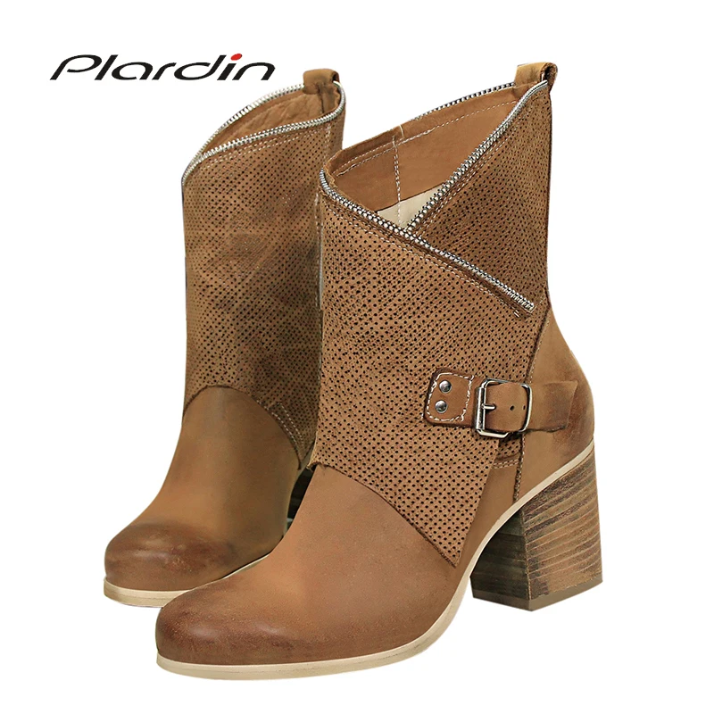 

Plardin New Fashion Novelty Winter Women Shoes Square Heel Women Boots Pointed Toe Metal Decoration Zipper Women's Snow Boots