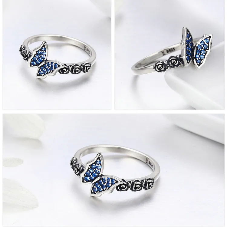 Spring Collection 925 Sterling Silver Butterfly& Flower Blue CZ Finger Rings for Women Sterling Silver Jewelry SCR285