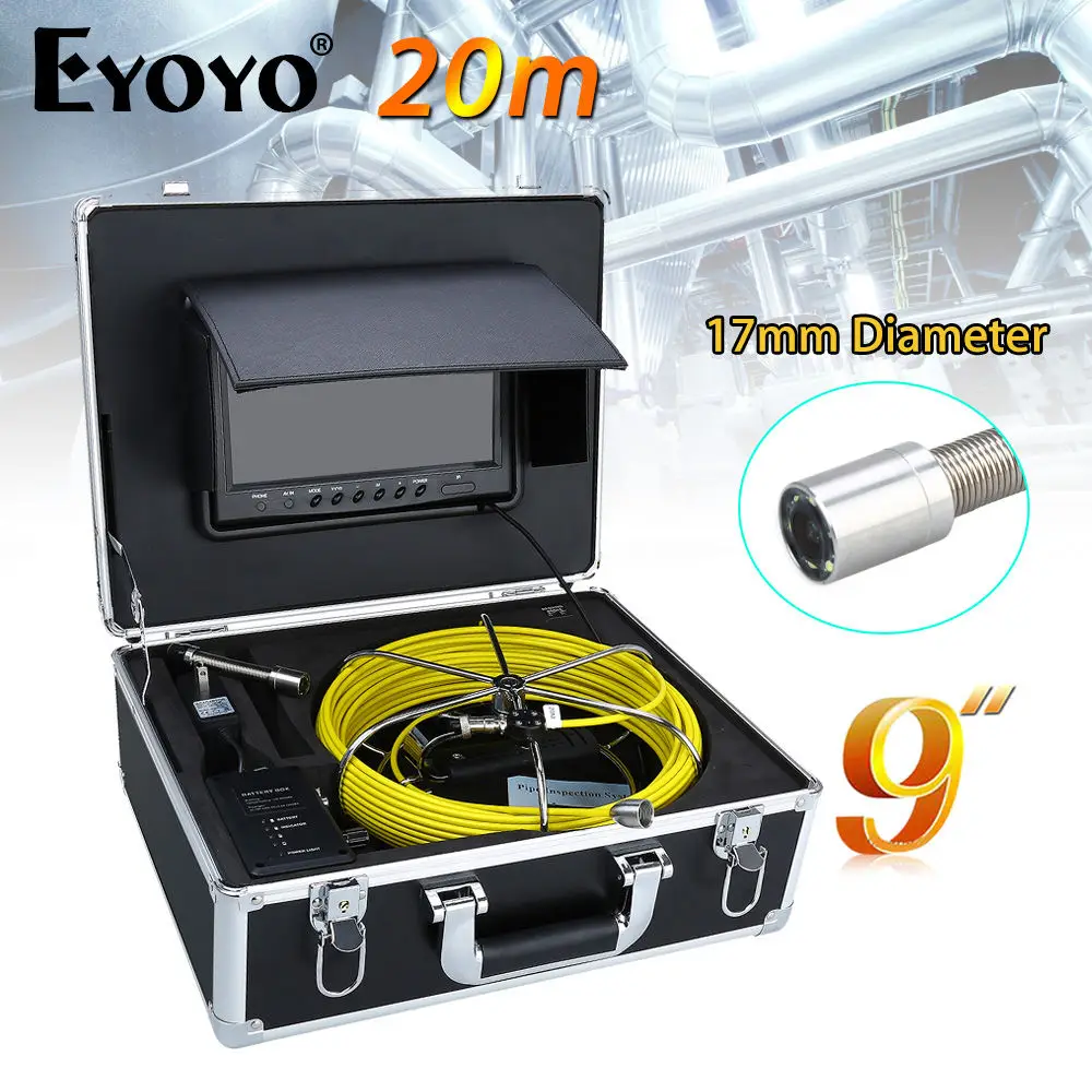 

Eyoyo WP90B 20M 9"LCD 17mm Wall Drain Sewer Pipe Line Inspection Camera System CCTV 1000TVL HD Snake Inspection Color Sun shield