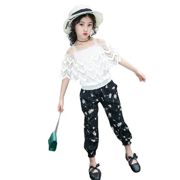 

Little Girls Cut Out Lace Clothes Sets Princess Chiffon Short Sleeve Tops+ Floral Print Pants 2Pcs Clothing Set AA11751