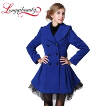 2016 Spring Autumn Woolen Outerwear Coat Female Double Breasted Overcoat Women Long Sleeve Lace Patchwork White Trench Coat