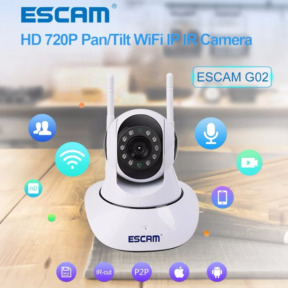 Escam g02 ptz wi fi камера dual антенна hd 720 P pan/tilt ИК IP Камера Поддержка ONVIF Макс до 128 ГБ