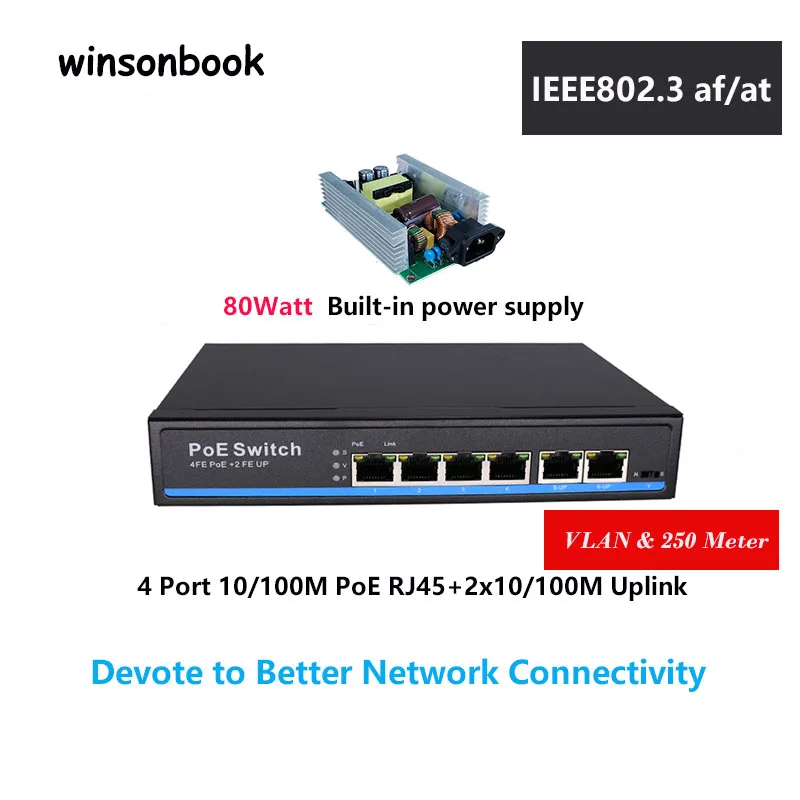 

4 Port PoE switch 48V PoE Ethernet switch network switch 2x10/100M uplink Suitable for IP camera/Wireless AP/CCTV camera