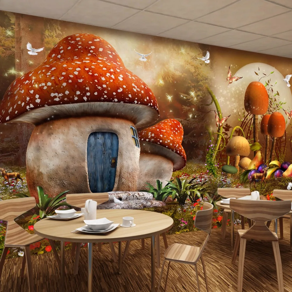 Пользовательские 3D Настенные обои мультфильм сказочный мир гриб дом бабочка цветок фото фон детская комната обои 3d