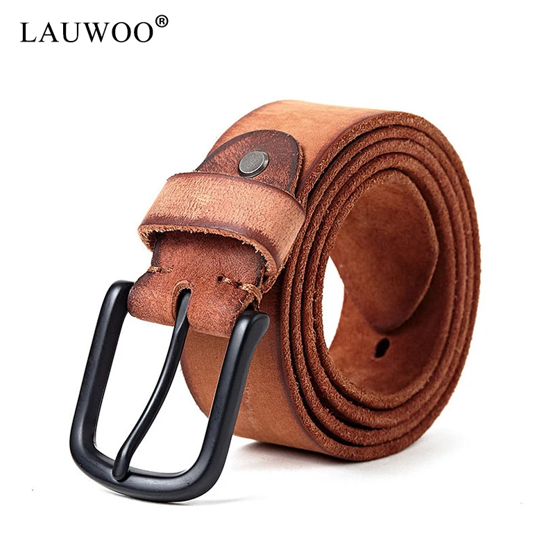 

LAUWOO Top quality Men's Belt Vintage Solid Genuine Leather Belt For Men 3.8CM Width Metal Pin Buckle trousers belt