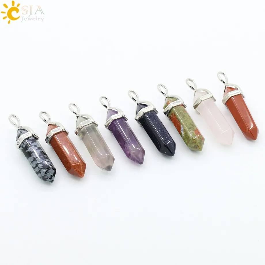 Real Natural Stones Bullet Shaped Hexagonal Prism Jewelry Pendant