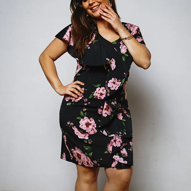 

Big Size Bodycon Women Dress Female Ruffles Printed Sexy Party Dresses Robe Plus Size 4XL Autumn Summer Mini Dress Mujer A046
