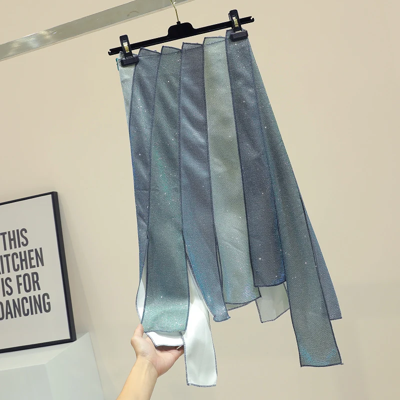 

Irregular Stitching Skirt Girl 2019 Summer New Popular Medium Long Skirt High Waist Bright Silk Striped Skirts Ladies Clothes