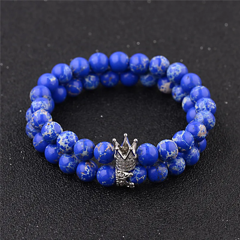 

DUOVEI Royal Blue Onyx Beads King Queen Crown Bracelet For Couple 8mm Black Lava Natural Stone Beaded Bracelet For Men Women
