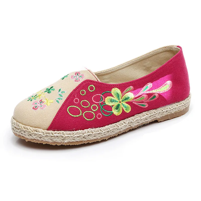 Coton Veowalk Broderie Bas Espadrilles Plates Chaussures Lin Florale vert Mocassins Dames Beige bleu Main Toile Chanvre Slip Femmes Confort on qBFxwBXr